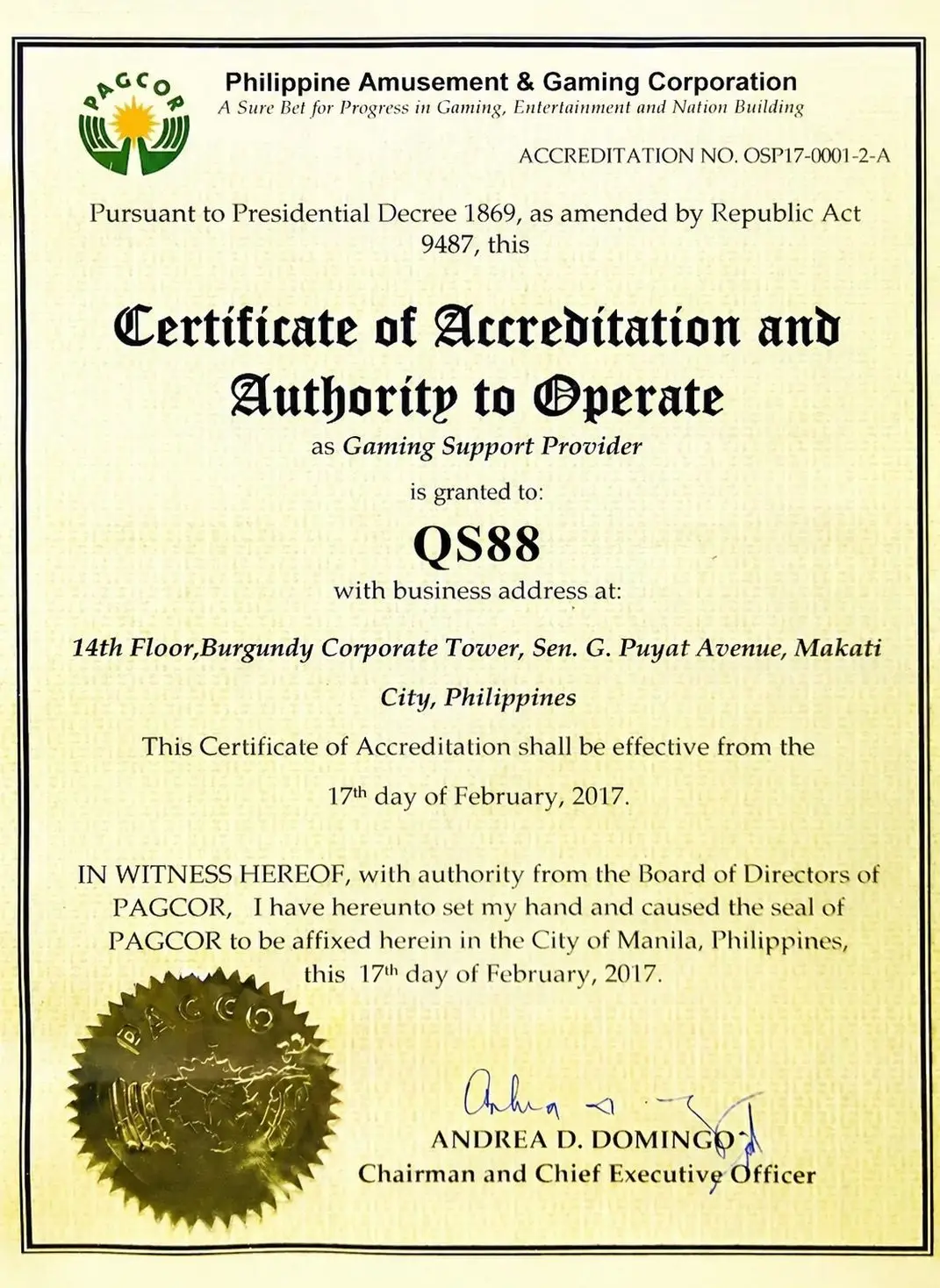 giấy phép cá cược Pagcor của QS88
